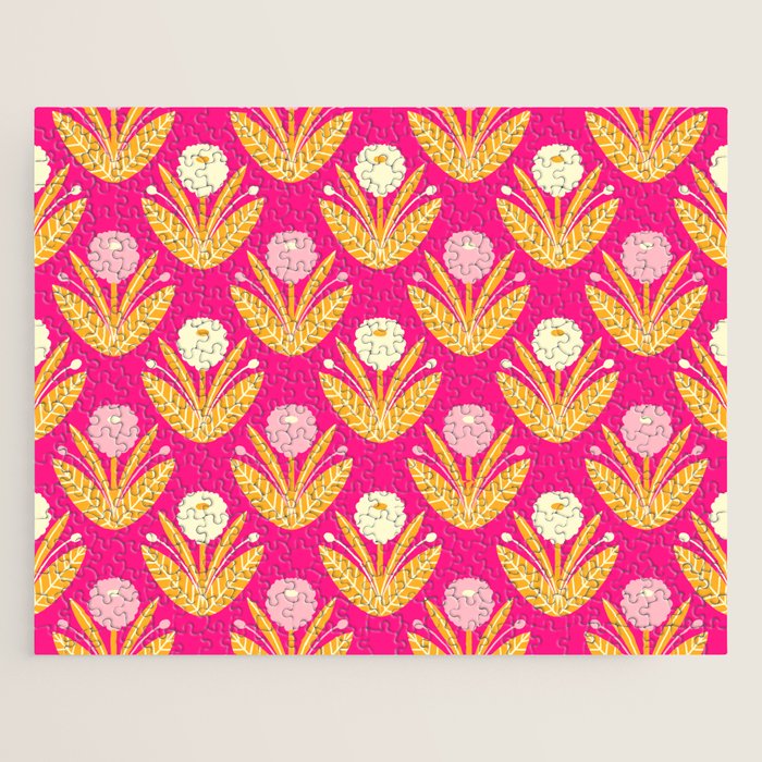 Happy White Dahlias Pattern - Hot Pink Jigsaw Puzzle Gallery Image 1