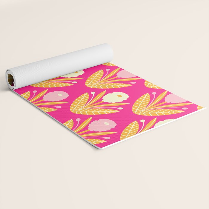 Happy White Dahlias Pattern - Hot Pink Yoga Mat Gallery Image 2