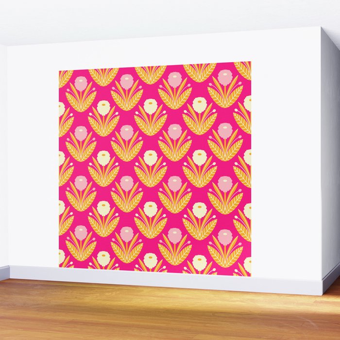 Happy White Dahlias Pattern - Hot Pink Wall Mural Gallery Image 2