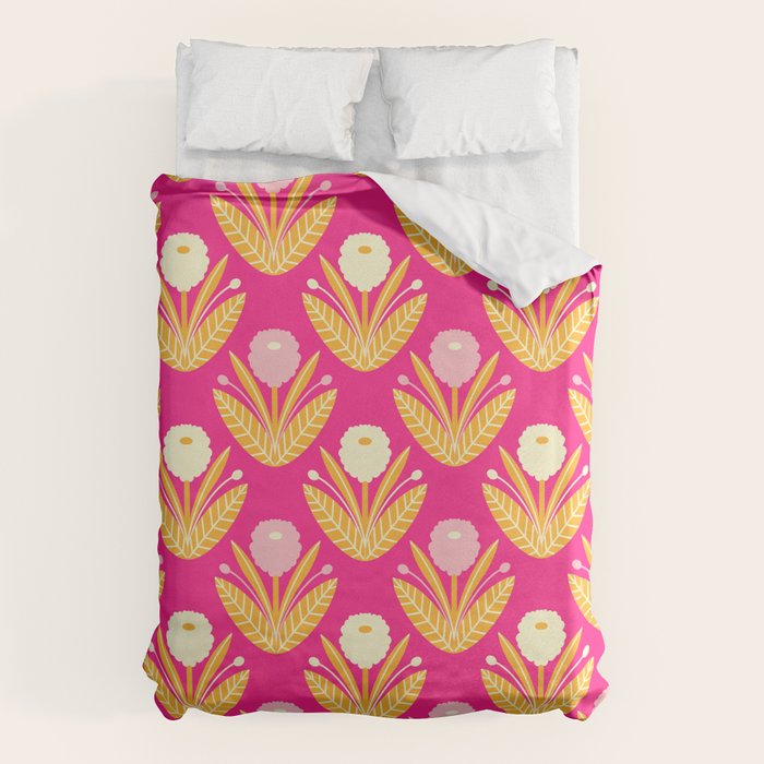 Happy White Dahlias Pattern - Hot Pink Duvet Cover Gallery Image 6