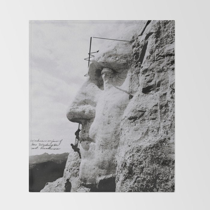 Workmen on face of George Washington, Mount Rushmore, South Dakota black and white photograph Throw Blanket Gallery Image 2