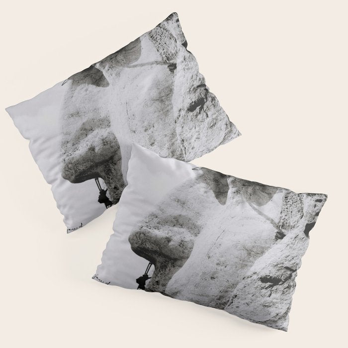 Workmen on face of George Washington, Mount Rushmore, South Dakota black and white photograph Pillow Sham Gallery Image 1