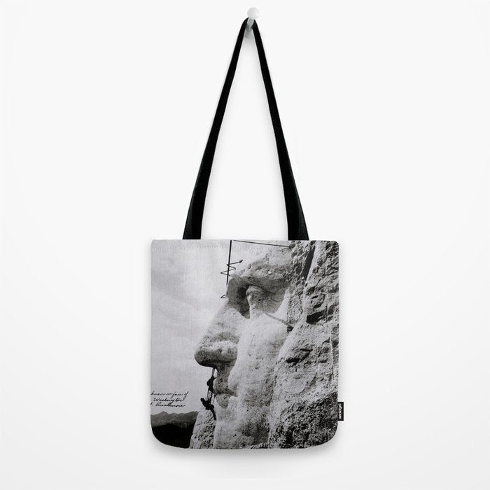 Workmen on face of George Washington, Mount Rushmore, South Dakota black and white photograph Tote Bag Gallery Image 2
