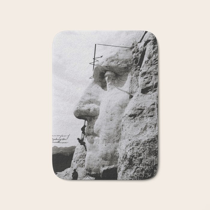 Workmen on face of George Washington, Mount Rushmore, South Dakota black and white photograph Bath Mat Gallery Image 1