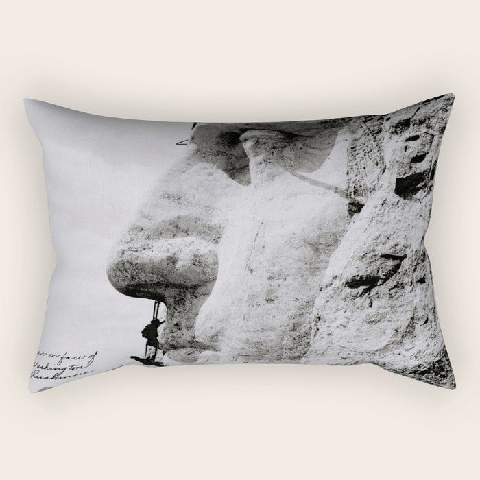 Workmen on face of George Washington, Mount Rushmore, South Dakota black and white photograph Rectangular Pillow Gallery Image 1