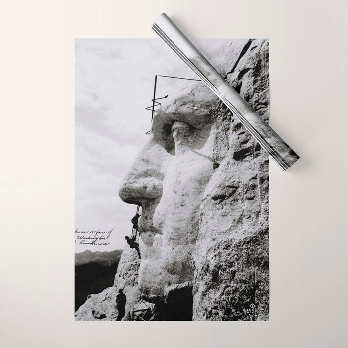 Workmen on face of George Washington, Mount Rushmore, South Dakota black and white photograph Wrapping Paper Gallery Image 1