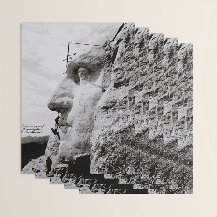 Workmen on face of George Washington, Mount Rushmore, South Dakota black and white photograph Wrapping Paper Gallery Image 3