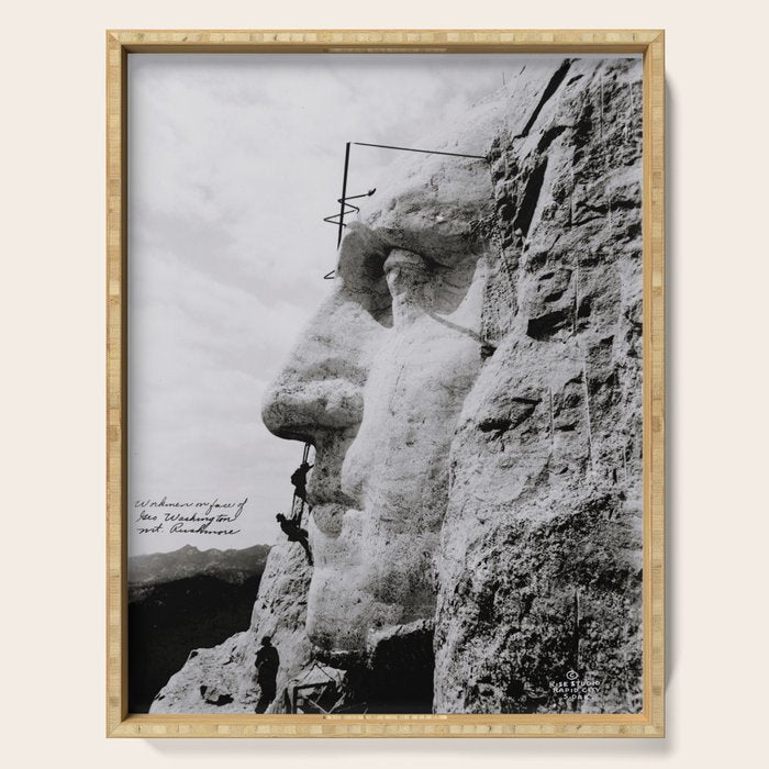 Workmen on face of George Washington, Mount Rushmore, South Dakota black and white photograph Serving Tray Gallery Image 1