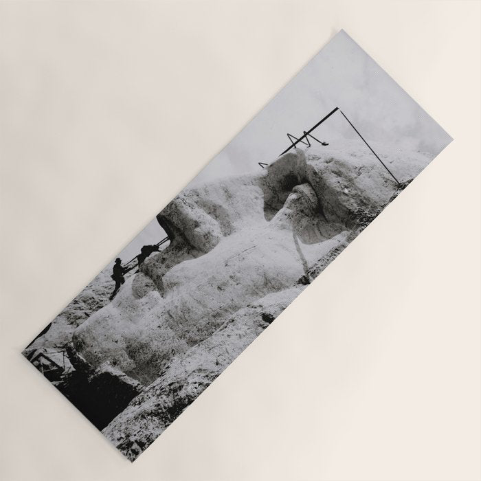 Workmen on face of George Washington, Mount Rushmore, South Dakota black and white photograph Yoga Mat Gallery Image 1
