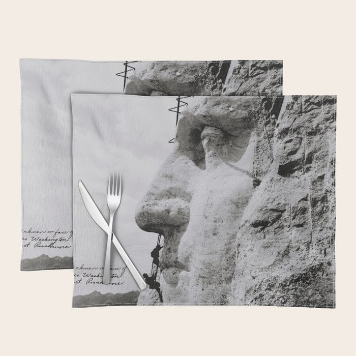 Workmen on face of George Washington, Mount Rushmore, South Dakota black and white photograph Placemat Gallery Image 1