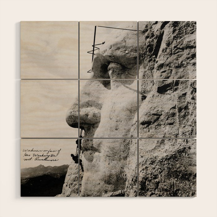Workmen on face of George Washington, Mount Rushmore, South Dakota black and white photograph Wood Wall Art Gallery Image 1