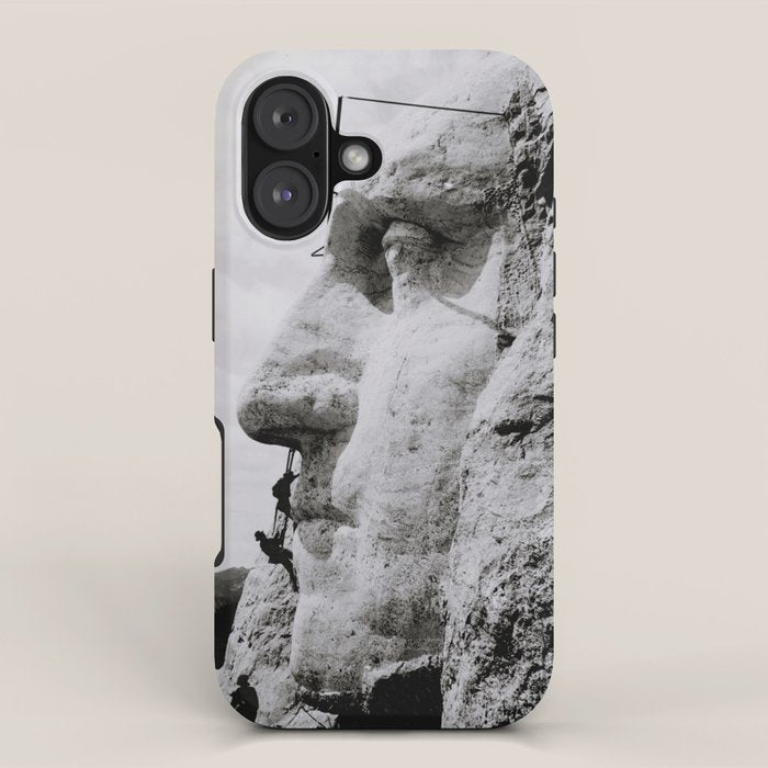 Workmen on face of George Washington, Mount Rushmore, South Dakota black and white photograph iPhone Case Gallery Image 1