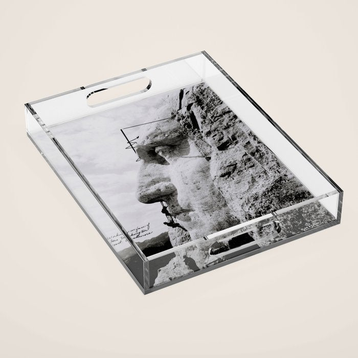 Workmen on face of George Washington, Mount Rushmore, South Dakota black and white photograph Acrylic Tray Gallery Image 1