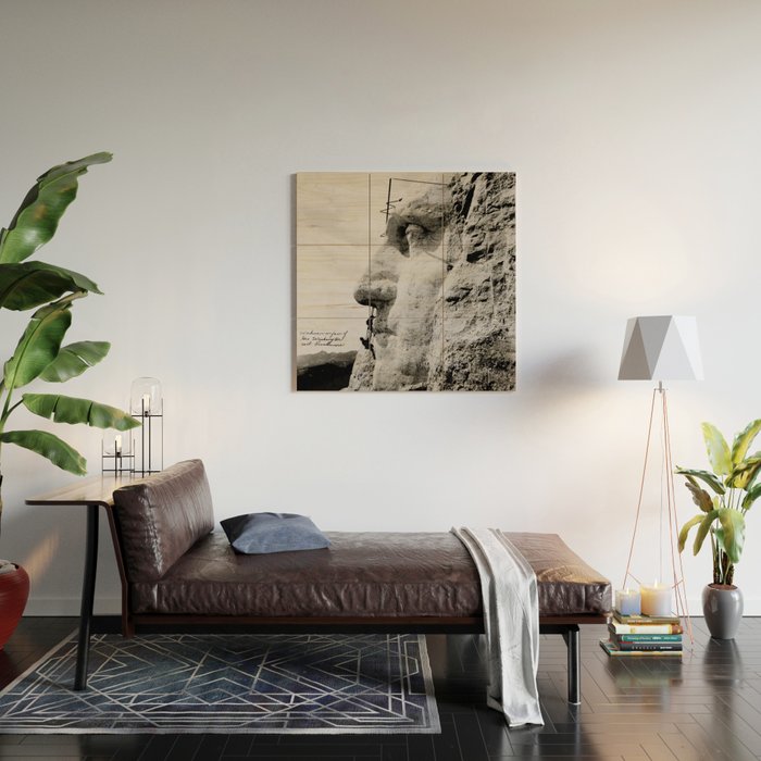 Workmen on face of George Washington, Mount Rushmore, South Dakota black and white photograph Wood Wall Art Gallery Image 2