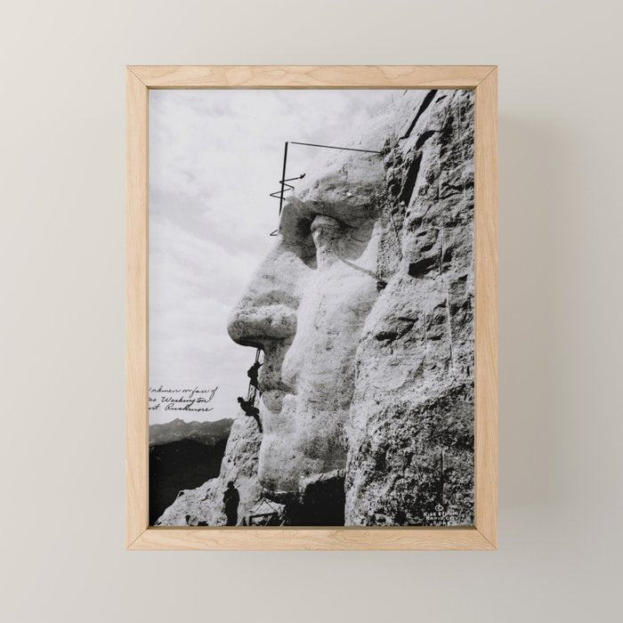 Workmen on face of George Washington, Mount Rushmore, South Dakota black and white photograph Mini Art Print Gallery Image 1