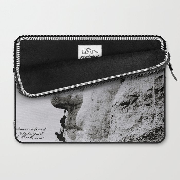 Workmen on face of George Washington, Mount Rushmore, South Dakota black and white photograph Laptop Sleeve Gallery Image 2