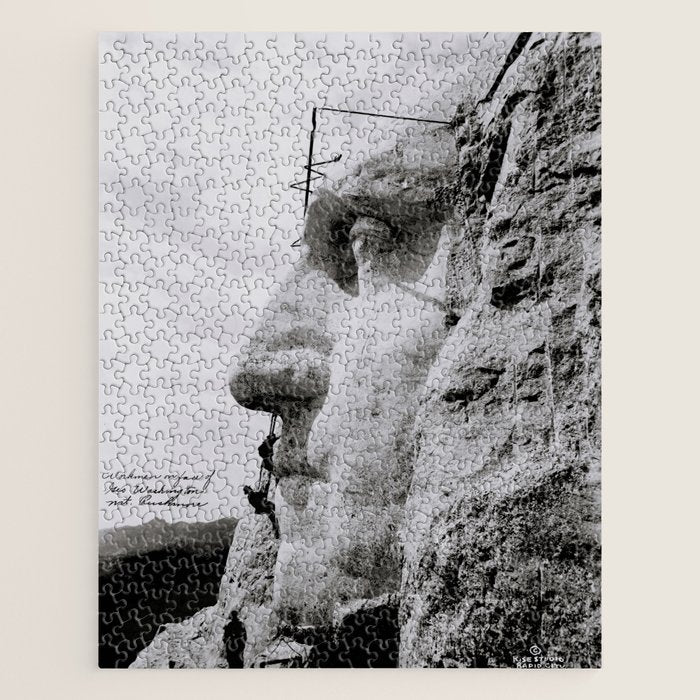 Workmen on face of George Washington, Mount Rushmore, South Dakota black and white photograph Jigsaw Puzzle Gallery Image 1