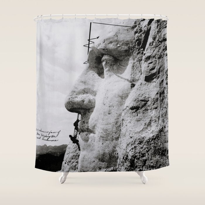 Workmen on face of George Washington, Mount Rushmore, South Dakota black and white photograph Shower Curtain Gallery Image 1
