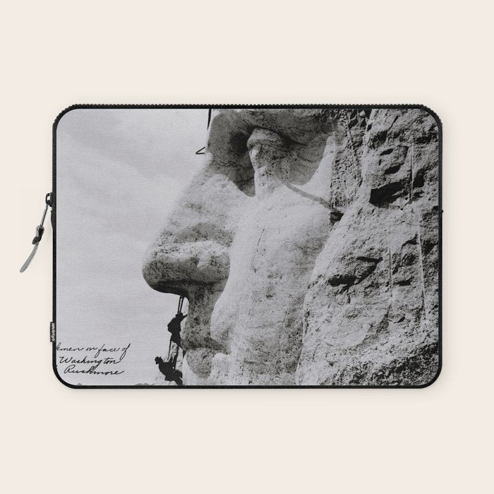 Workmen on face of George Washington, Mount Rushmore, South Dakota black and white photograph Laptop Sleeve Gallery Image 1