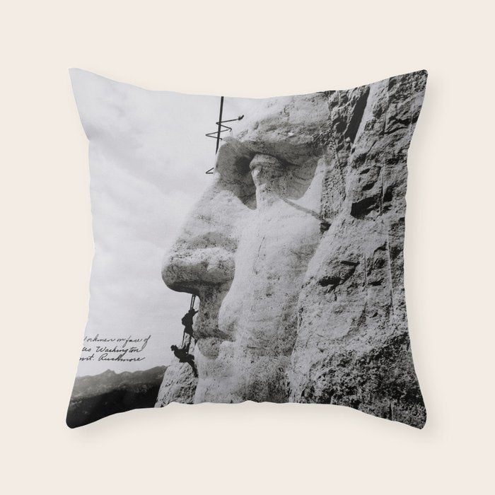 Workmen on face of George Washington, Mount Rushmore, South Dakota black and white photograph Throw Pillow Gallery Image 6