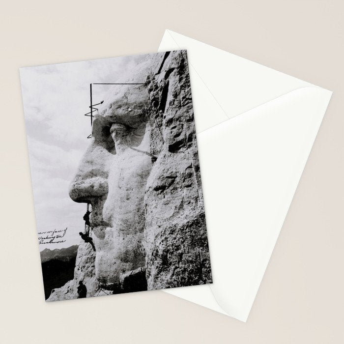 Workmen on face of George Washington, Mount Rushmore, South Dakota black and white photograph Stationery Card Gallery Image 2