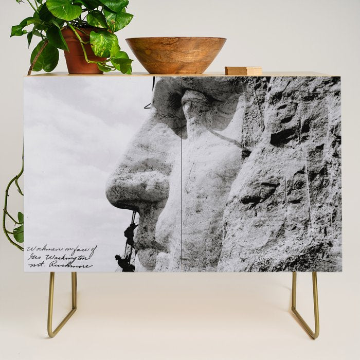 Workmen on face of George Washington, Mount Rushmore, South Dakota black and white photograph Credenza Gallery Image 1