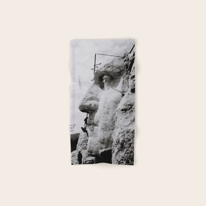 Workmen on face of George Washington, Mount Rushmore, South Dakota black and white photograph Bath Towel Gallery Image 1