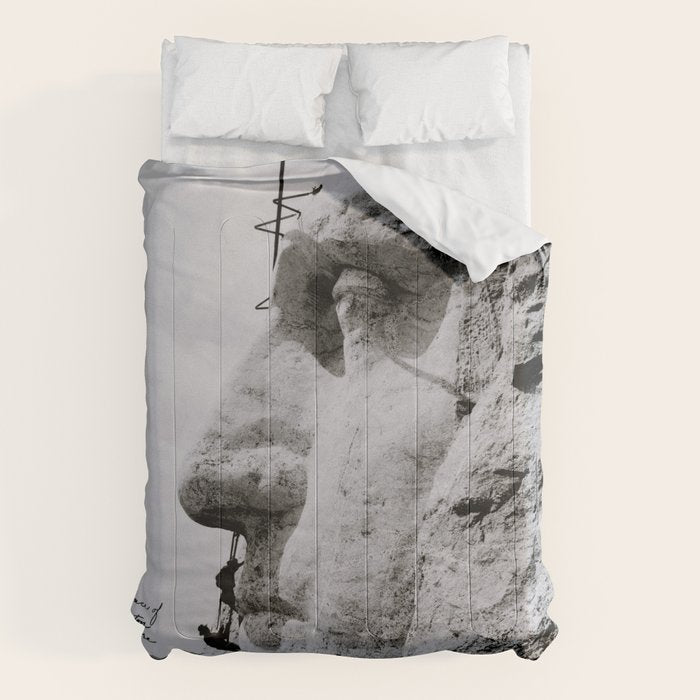 Workmen on face of George Washington, Mount Rushmore, South Dakota black and white photograph Comforter Gallery Image 6