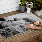 Workmen on face of George Washington, Mount Rushmore, South Dakota black and white photograph Outdoor Rug Gallery Image 2