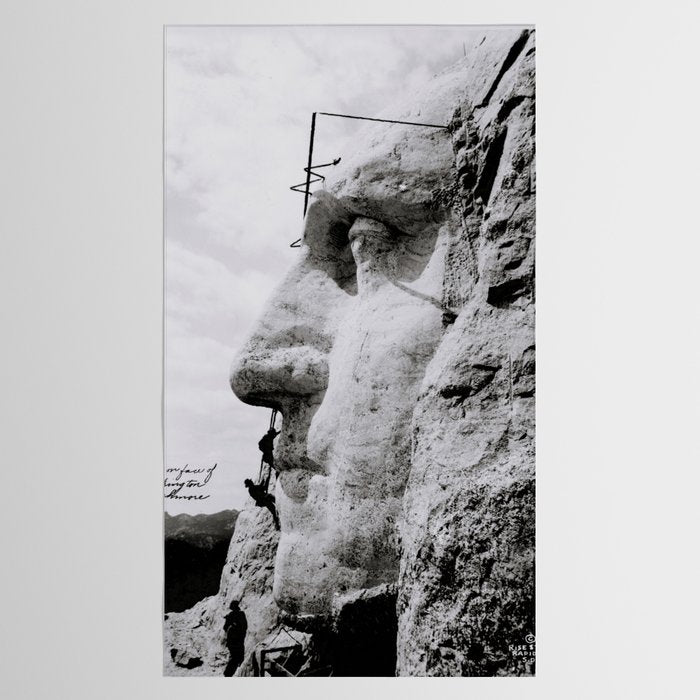 Workmen on face of George Washington, Mount Rushmore, South Dakota black and white photograph Tablecloth Gallery Image 2