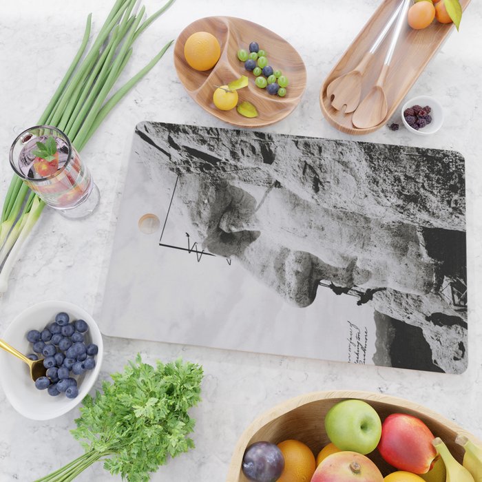 Workmen on face of George Washington, Mount Rushmore, South Dakota black and white photograph Cutting Board Gallery Image 2