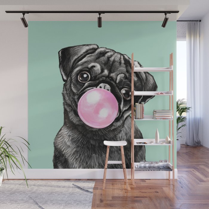 Bubble Gum Black Pug in Green Wall Mural Gallery Image 1