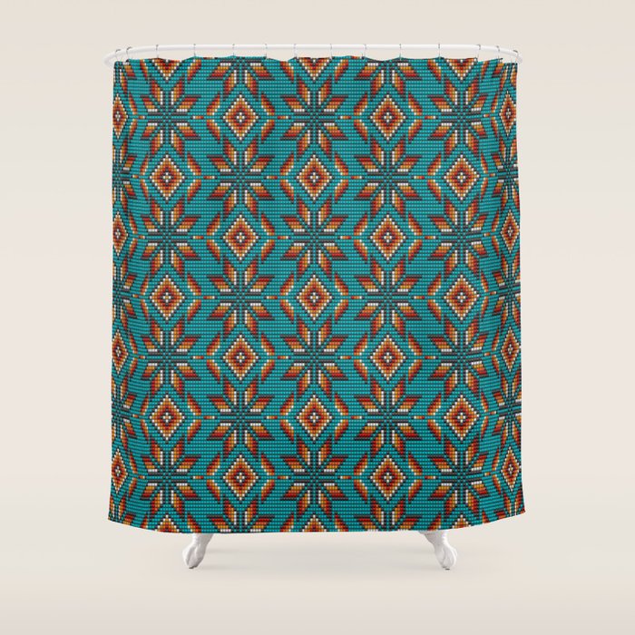 Modern colorful beaded boho aztec kilim pattern on teal Shower Curtain Gallery Image 1