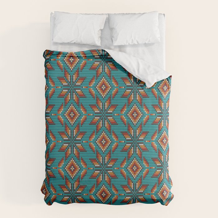 Modern colorful beaded boho aztec kilim pattern on teal Duvet Cover Gallery Image 1