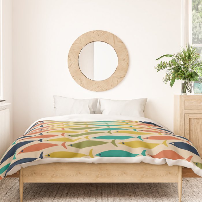  Midcentury Modern Multicolor Fish Stripes Pattern in Olive, Mustard, Orange, Teal, Beige Duvet Cover Gallery Image 3