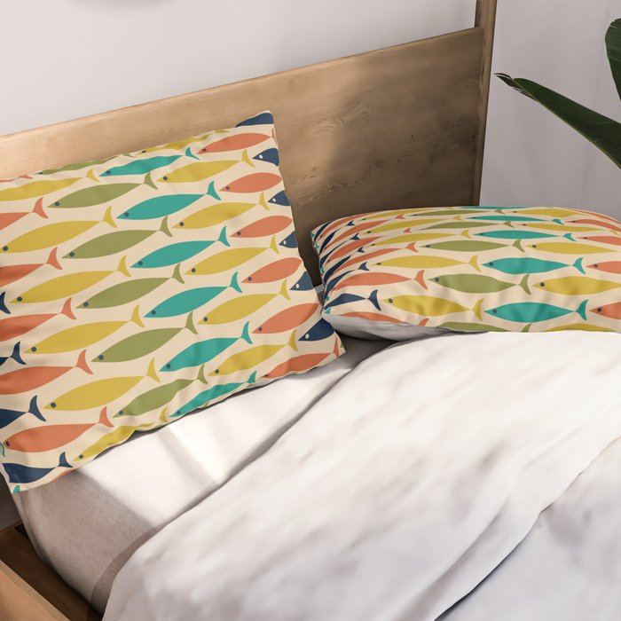  Midcentury Modern Multicolor Fish Stripes Pattern in Olive, Mustard, Orange, Teal, Beige Pillow Sham Gallery Image 2