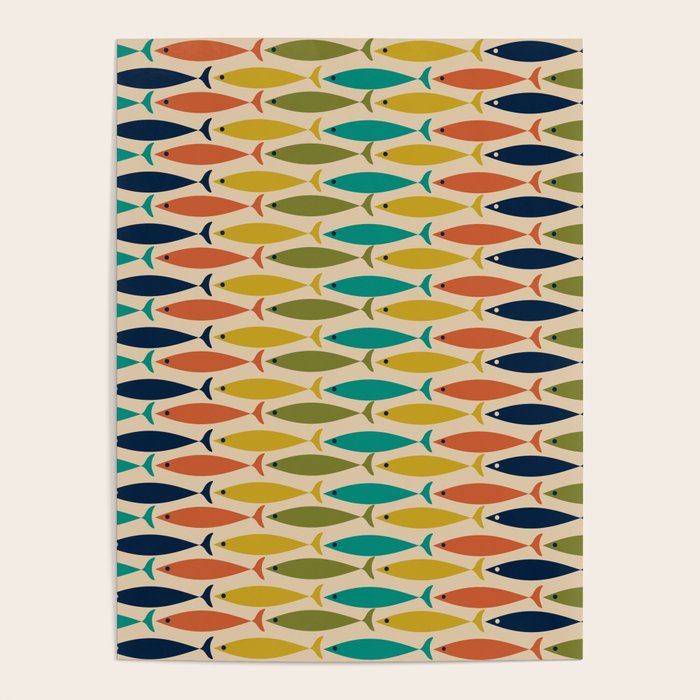  Midcentury Modern Multicolor Fish Stripes Pattern in Olive, Mustard, Orange, Teal, Beige Poster Gallery Image 4