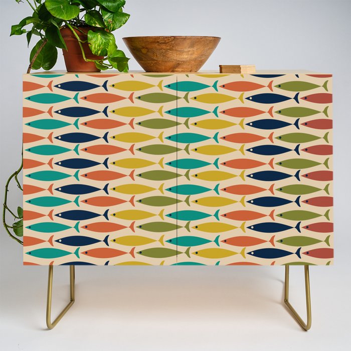  Midcentury Modern Multicolor Fish Stripes Pattern in Olive, Mustard, Orange, Teal, Beige Credenza Gallery Image 1