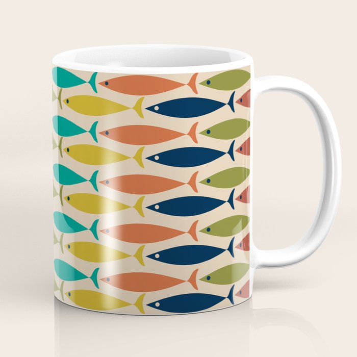  Midcentury Modern Multicolor Fish Stripes Pattern in Olive, Mustard, Orange, Teal, Beige Coffee Mug Gallery Image 1