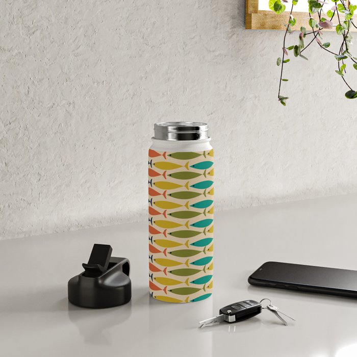  Midcentury Modern Multicolor Fish Stripes Pattern in Olive, Mustard, Orange, Teal, Beige Water Bottle Gallery Image 4