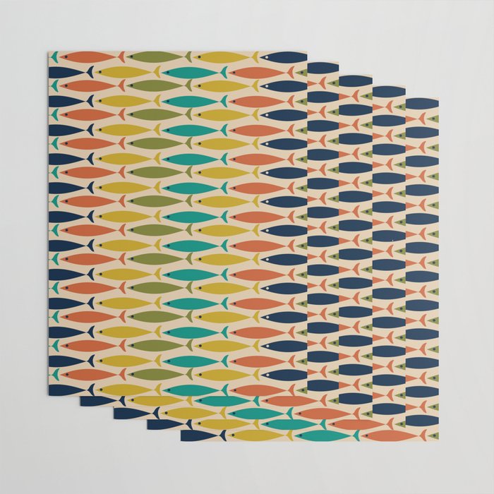  Midcentury Modern Multicolor Fish Stripes Pattern in Olive, Mustard, Orange, Teal, Beige Wrapping Paper Gallery Image 3