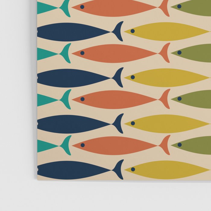  Midcentury Modern Multicolor Fish Stripes Pattern in Olive, Mustard, Orange, Teal, Beige Poster Gallery Image 3