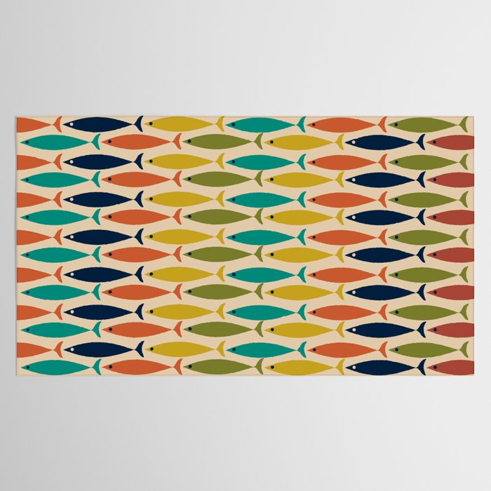  Midcentury Modern Multicolor Fish Stripes Pattern in Olive, Mustard, Orange, Teal, Beige Tablecloth Gallery Image 2