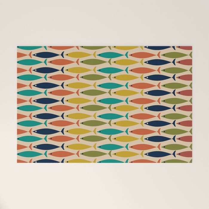  Midcentury Modern Multicolor Fish Stripes Pattern in Olive, Mustard, Orange, Teal, Beige Welcome Mat Gallery Image 1