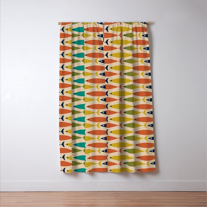  Midcentury Modern Multicolor Fish Stripes Pattern in Olive, Mustard, Orange, Teal, Beige Window Curtain Gallery Image 3