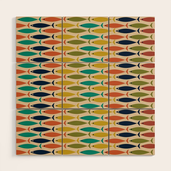  Midcentury Modern Multicolor Fish Stripes Pattern in Olive, Mustard, Orange, Teal, Beige Wood Wall Art Gallery Image 1