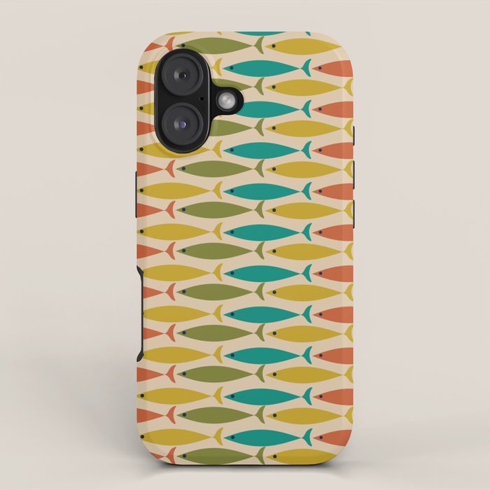  Midcentury Modern Multicolor Fish Stripes Pattern in Olive, Mustard, Orange, Teal, Beige iPhone Case Gallery Image 1