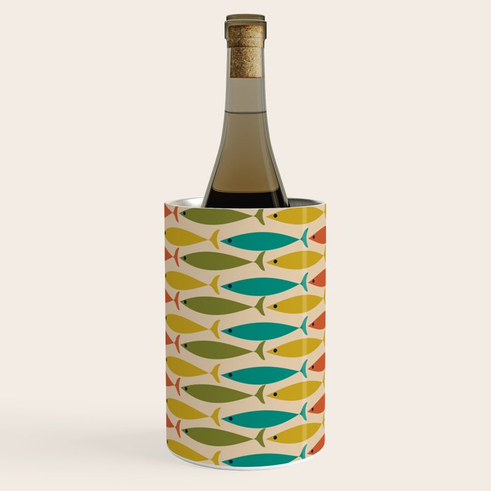  Midcentury Modern Multicolor Fish Stripes Pattern in Olive, Mustard, Orange, Teal, Beige Wine Chiller Gallery Image 1