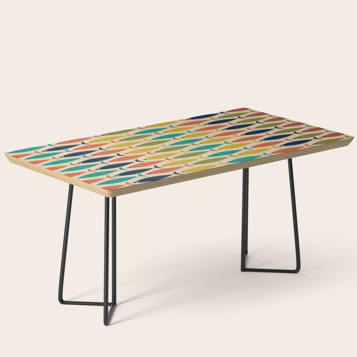  Midcentury Modern Multicolor Fish Stripes Pattern in Olive, Mustard, Orange, Teal, Beige Coffee Table Gallery Image 1