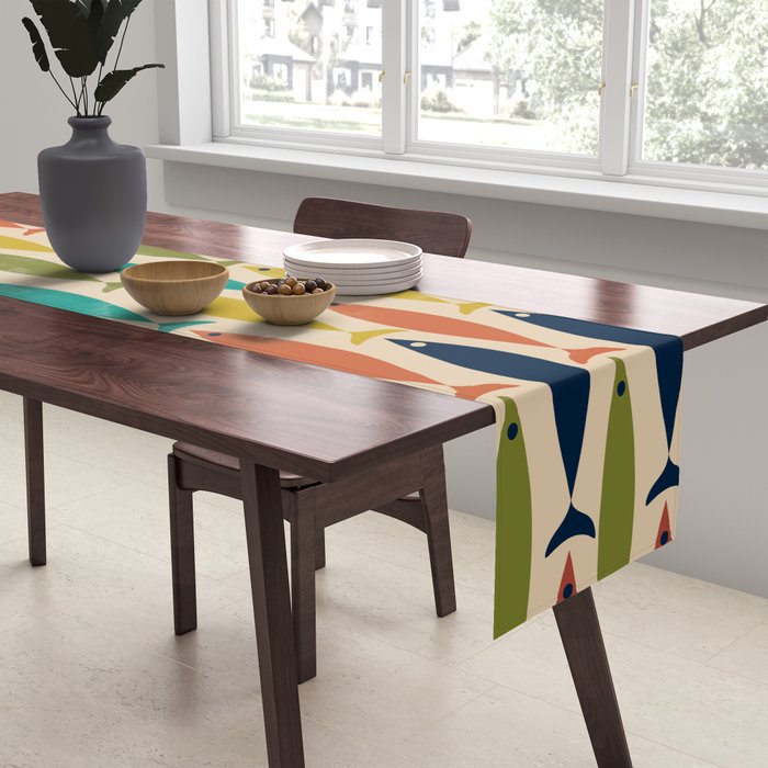  Midcentury Modern Multicolor Fish Stripes Pattern in Olive, Mustard, Orange, Teal, Beige Table Runner Gallery Image 2